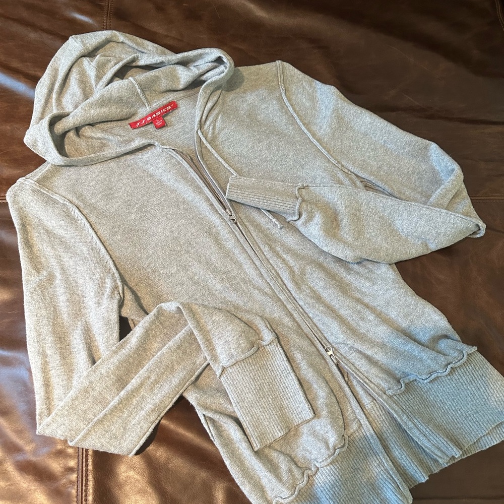 Gray Knit Cardigan with Relaxed Fit and Ribbed Cuffs.  Zips from top & bottom